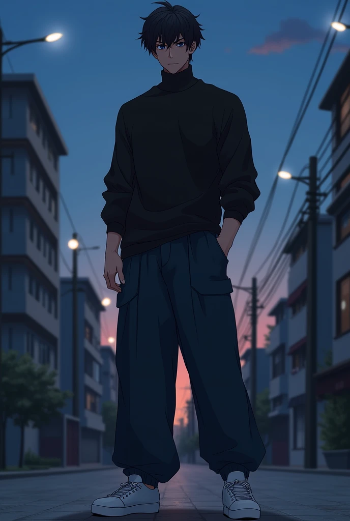 1guy, male, anime, pitch-black piercing eyes, handsome guy, with black sweater and long dark-blue pants, white sneakers, standing
