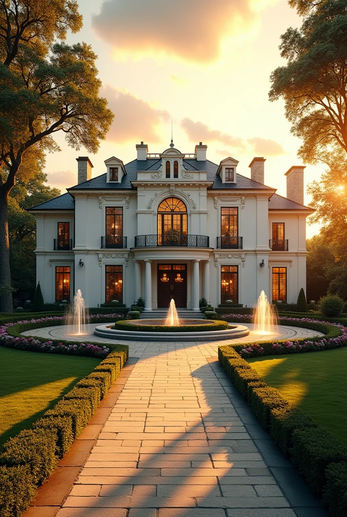 Elegant Mansion**: A grand mansion with an expansive front lawn, fountains, and a long driveway lined with trees. The house features large windows, a grand staircase, and luxurious interiors. It's clearly the residence of someone very wealthy.
