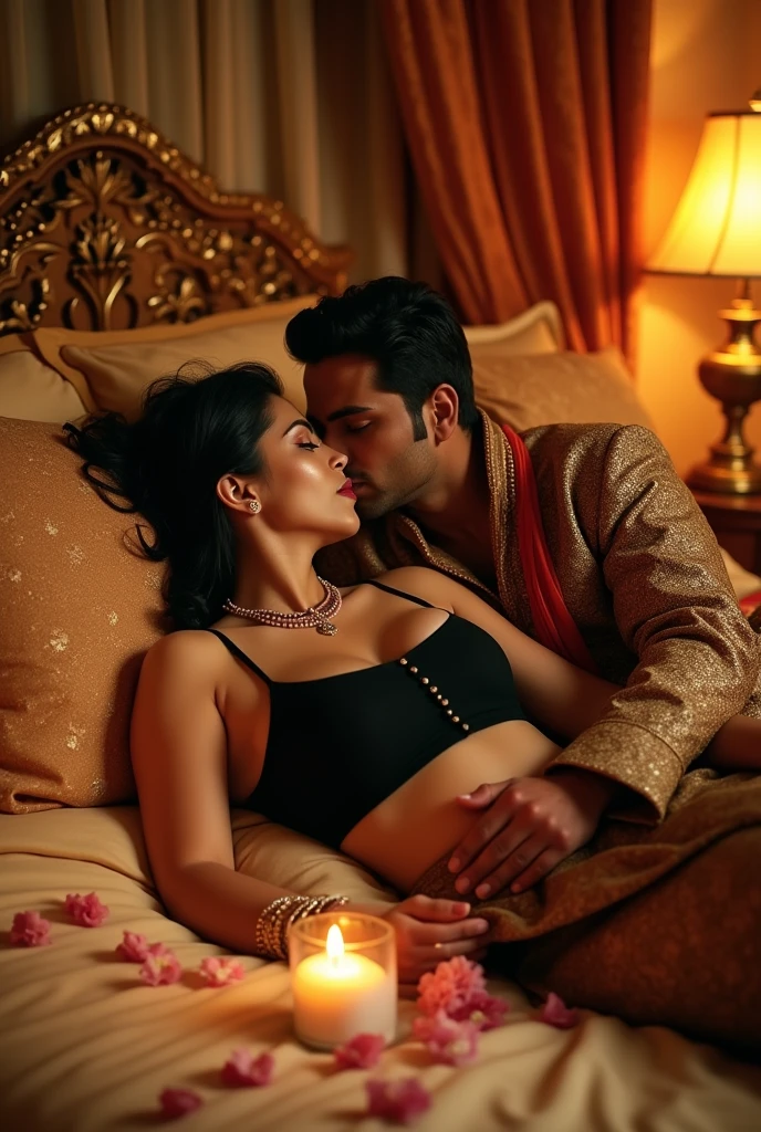 Girl, curvy hourglass body, wearing black tube top,hindu pandit, kissing, on the bed.