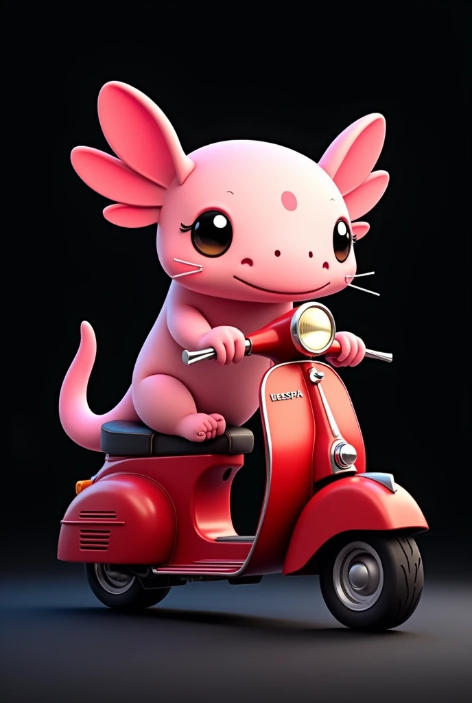 Axolotl riding a motorcycle, pink axolotl, black background, cartoon , round fins, no visible tail, the motorcycle should be a red Vespa, the whole picture should only be seen from the side, the axolotl should look into the camera