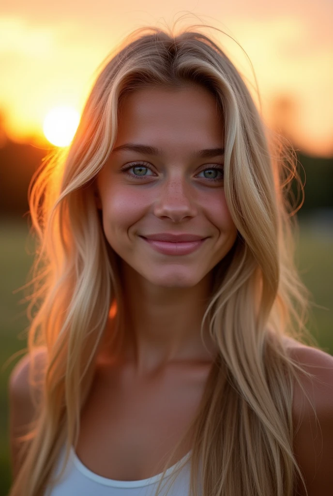 Photorealistic portrait of a (22)-year-old (American) girl with long, smooth (blond) hair, with withe skin and striking blue eyes. She should have a natural, approachable expression and be illuminated by soft, golden-hour sunlight. The background should be a scenic outdoor setting, perhaps a sunset park or beach. Capture this image with a high-resolution photograph using an 85mm lens for a flattering perspective.