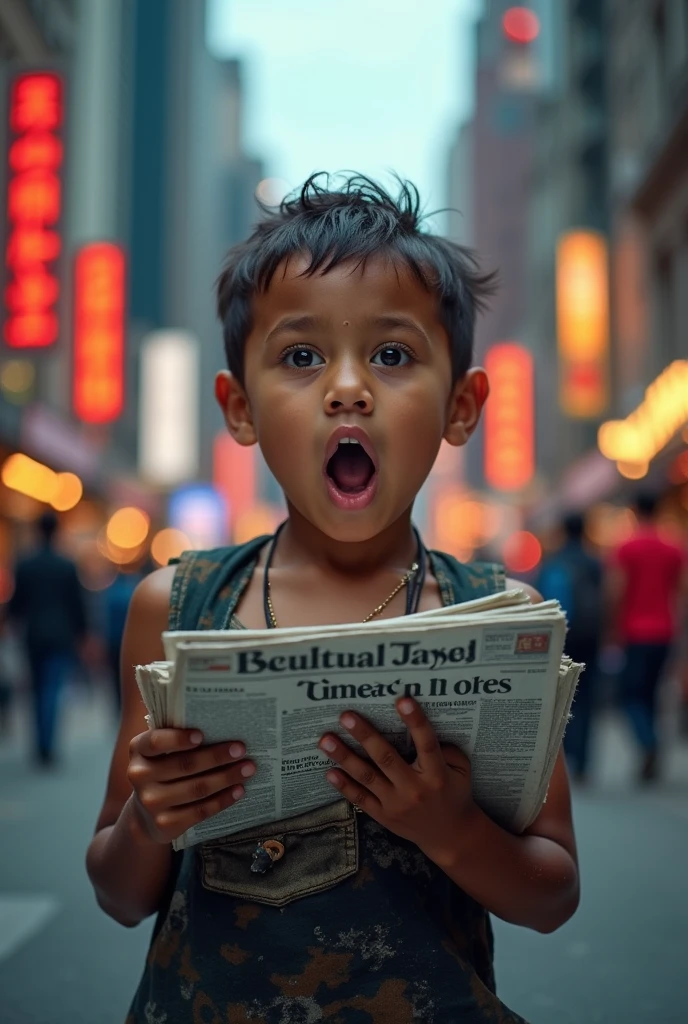 A poor boy selling newspaper in street , cinematic, masterpiece, high-aesthetic, 