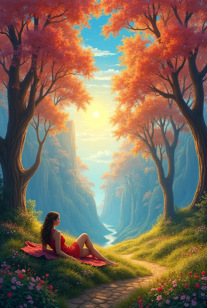 (photorealism:1.2), beautiful nature, trees and flowers with sunrise, the best paradise in the world, beautiful flowers and colorful trees, the light is brighter, outdoors, soft lighting, trees and flowers in background, bluesky with sunlight, cozy paradise, relaxed pose, realistic, intricate details, warm colors, by Greg Rutkowski, by Alphonse Mucha