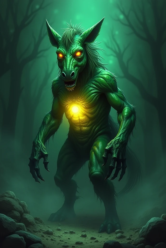 Humanoid with green skin, eyes shining like headlights, with his chest emitting a strong light from within, attached to the body anatomically in a horrifying mutant horse with headlights-like eyes and greenish fur, base zombie, base medieval knight, Terror, 2d anime style