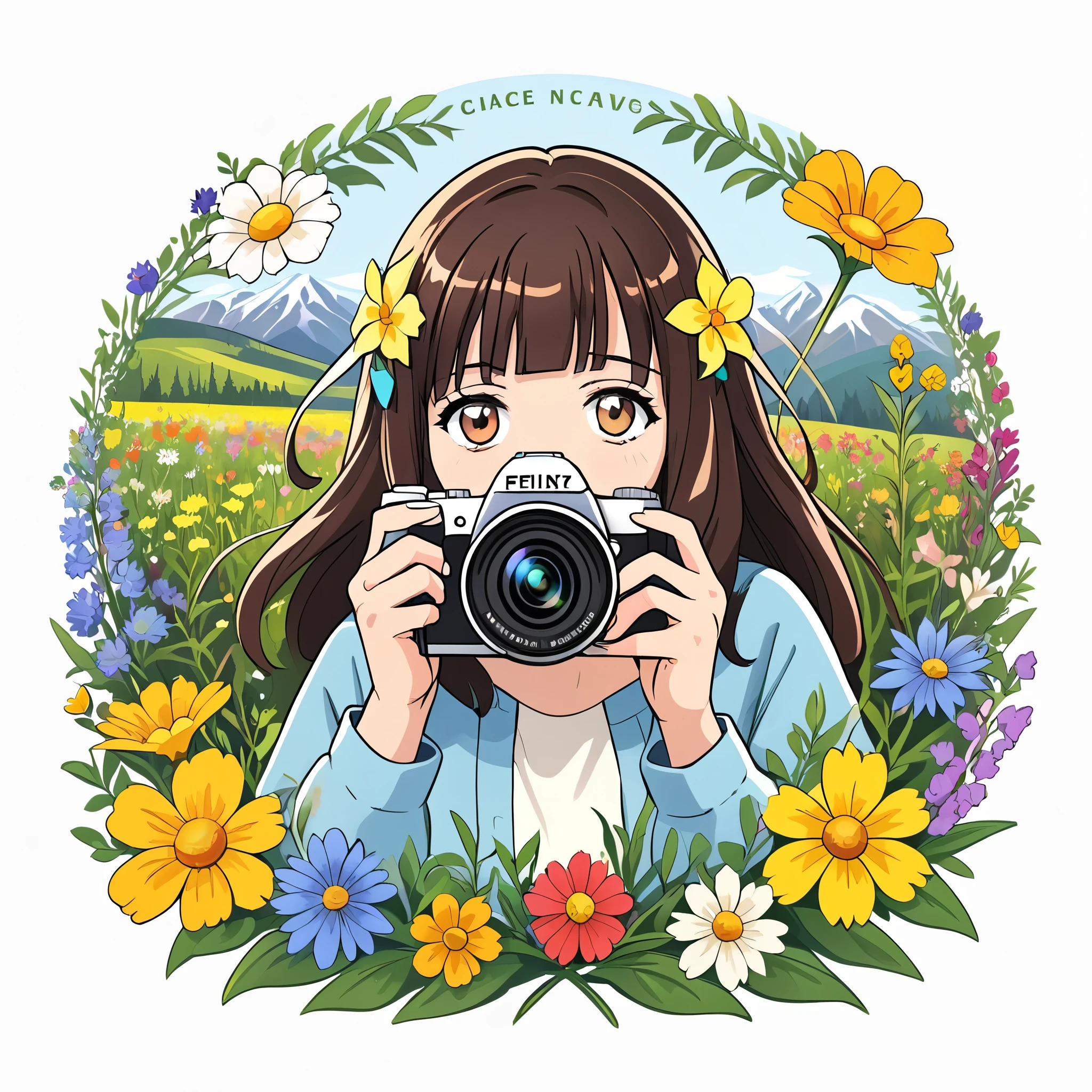 a logo of woman holding a digital camera, surrounded by a vibrant array of wildflowers, against a crisp white background, highlighting the beauty of nature and photography.
