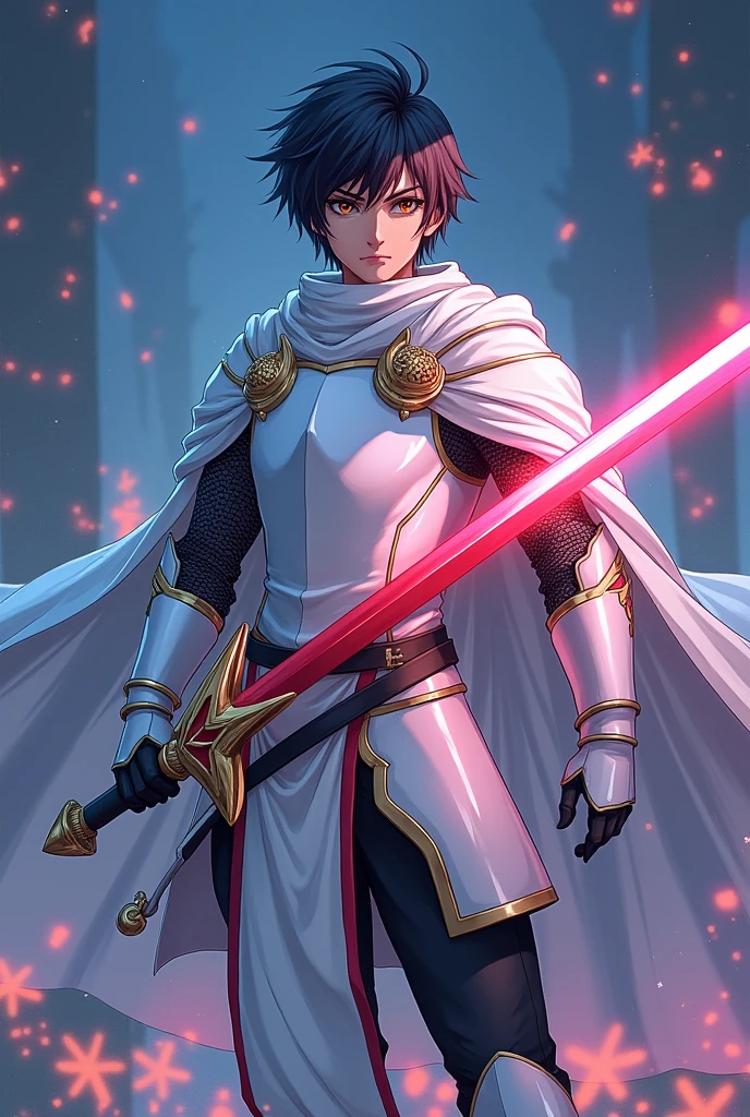 Portrait of a knight who has short black hair and brown eyes, and wear a white armor with cape. He looks very serious, and confident, and fight with a long magic staff in the left hand and a red sword in the right hand. Anime style