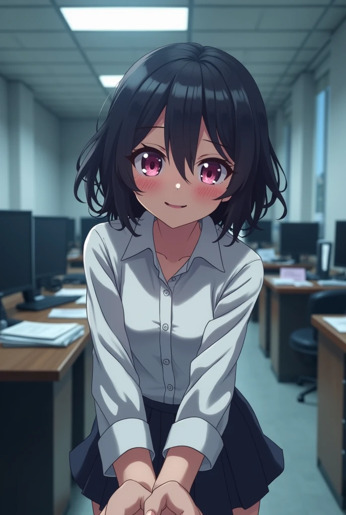 Anime girl with short curly black hair and angular pink eyes and furrowed brows wearing a white dress shirt bending over embarrassed and mischievous and sly blushing with shy grin at camera and holding hands with somebody beyond the camera in an police office setting