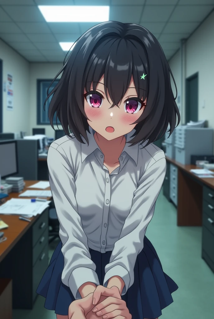 Anime girl with short curly black hair and angular pink eyes and furrowed brows wearing a white dress shirt bending over embarrassed and mischievous and sly blushing with shy grin at camera and holding hands with somebody beyond the camera in an police office setting