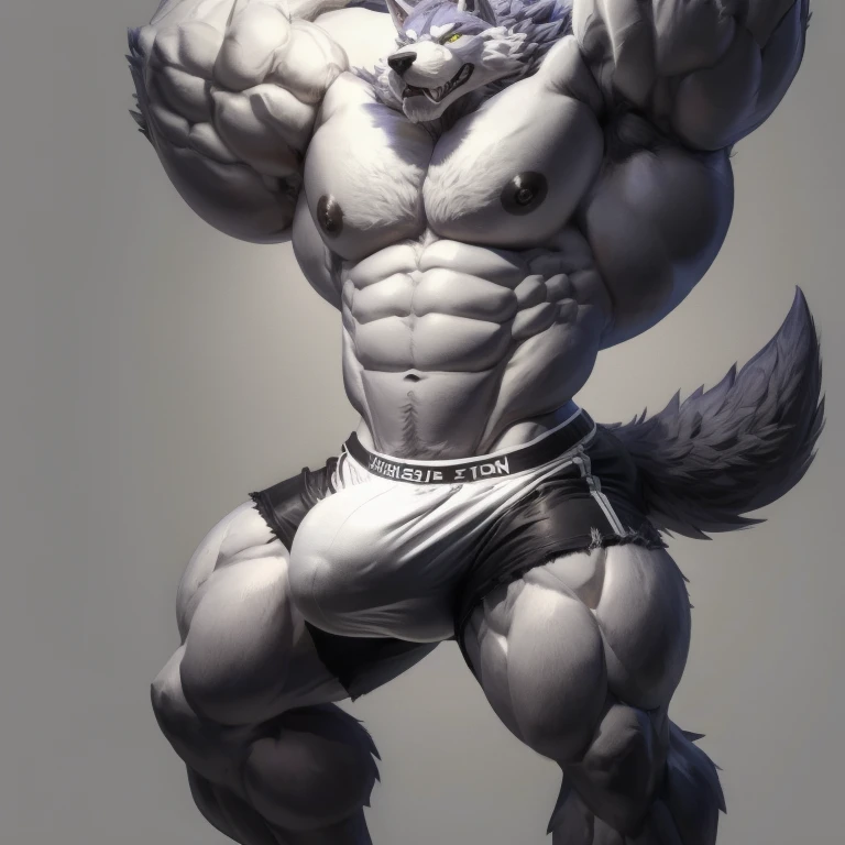 furry growth, exaggeratedly huge Bulge, hyper growth, hyper muscles, wolf, shirtless, white shorts, muscular, on a gray background