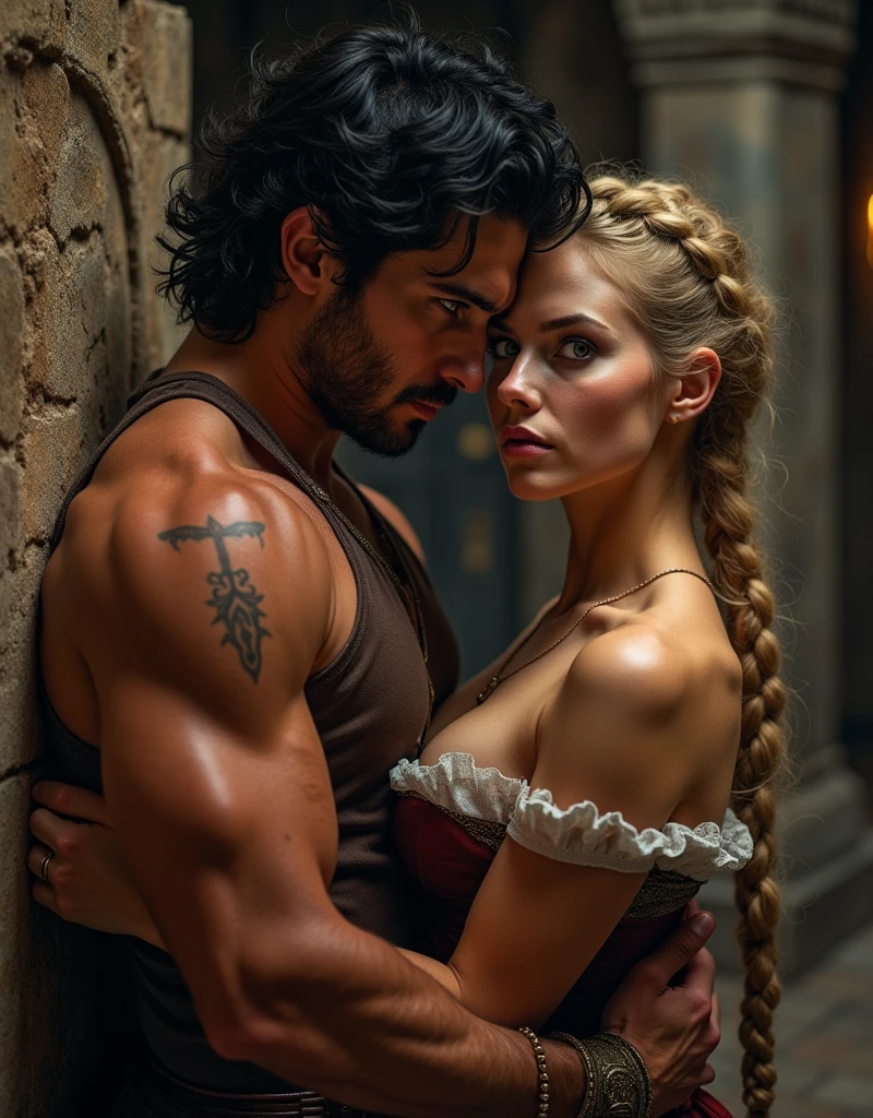 (photorealism:1.2), a man and a woman, man with black hair and amber eyes, woman with braided blonde hair and green eyes, perfect face, beautiful face, beautiful woman, voluptuous woman, muscular man, fair skin, head to toe, fully clothed, dominating man, hate each other, man pins woman, medieval