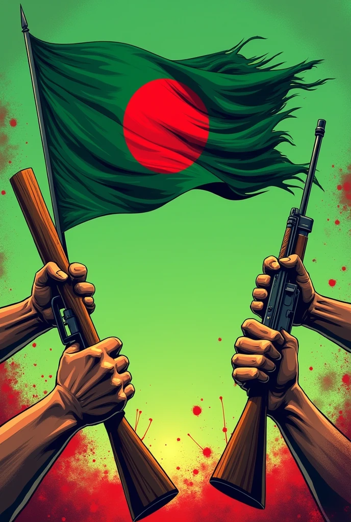 Picturesque idea of half hands carrying sticks and rifles cartoon style with green background and red blood spilled with Bangladesh flag waving free
