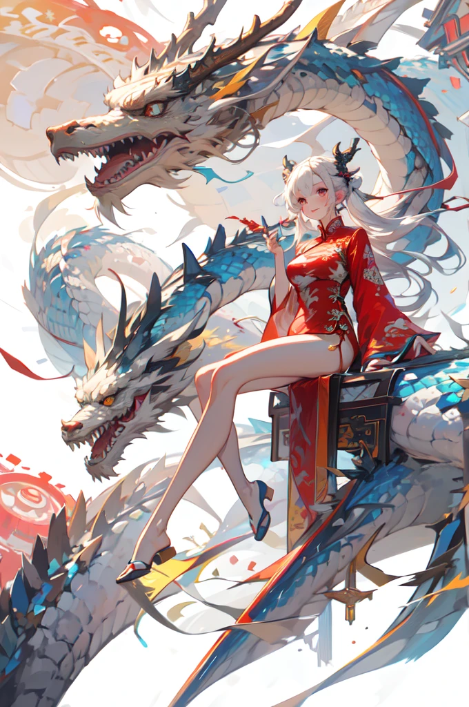 [(White Background:1.5)::5],(Bottle bottom:0.9),masterpiece,(whole body:1.2),
Dragon and girl,One person,Dragon,Long Hair,China dress,
