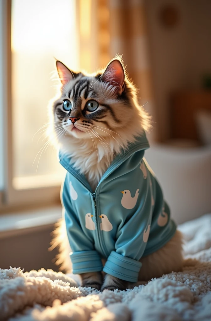 a very cute cat, with striking blue eyes, beautiful hairs , his name is Nilon, he is standing near your cozy bed, and is dressed in blue pajamas with white birds. The bedroom window is open and a very beautiful sunlight comes in..