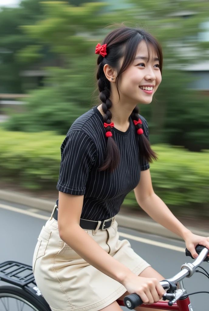 1 japanese woman, 18s, riding bicycle very fast, black tight t-shirt with small white narrow horizontal stripes, cream jean skirt with side pocket, black webbed belt with silver canvas belt buckle, black neckline and sleeve hem with red at the middle, motion blur, depth of field, best solution, best quality, high detailed, 32k, full body shot, black 2 braids with red bow hair, cute and beautiful face, from side
