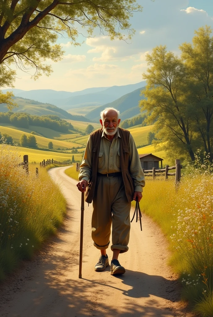 A old man is walking on the road