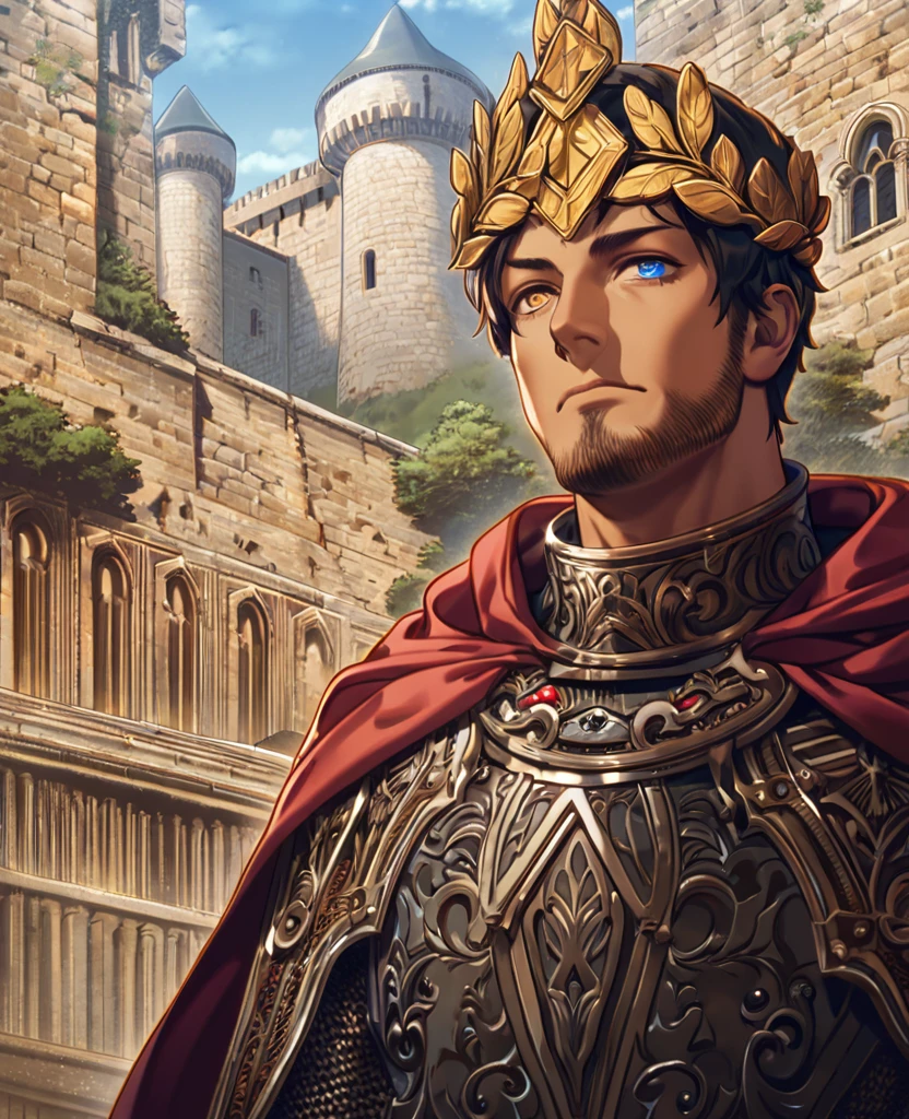 man, muscular, with a claw scar on the left side of his face, brown left eye, blue right eye, heterocromia, trapezoidal head, Aquiline nose, cleft chin,with short beard, short hair castaño con degradación blanco en las puntas, short hair, dressed as emperor, golden laurel wreath crown, red cape, tanned skin, standing on stairs leading to a medieval castle, High resolution,sharp focus,(ultra detailed,extremely detailed), (extremely detailed CG unity 8k wallpaper), (Best Quality)