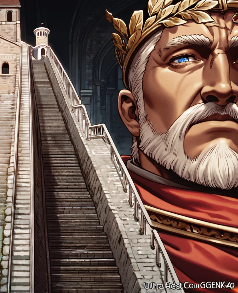 man, muscular, with a claw scar on the left side of his face, brown left eye, blue right eye, heterocromia, trapezoidal head, Aquiline nose, cleft chin,with short beard, short hair castaño con degradación blanco en las puntas, short hair, dressed as emperor, golden laurel wreath crown, red cape, tanned skin, standing on stairs leading to a medieval castle, High resolution,sharp focus,(ultra detailed,extremely detailed), (extremely detailed CG unity 8k wallpaper), (Best Quality)