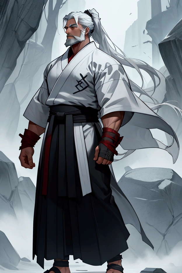 Iron is an imposing jotnar, with a height that easily exceeds 8 meters. His skin is a pale gray tone, almost like stone, dotted with natural markings that resemble ancient runes etched into her flesh. These marks seem to glow faintly in the moonlight., giving it a mystical aura.
Her hair is long and pure white., cascading over his broad shoulders and back. She wears it tied in a high ponytail or in thick braids so that it does not interfere with her movements during combat.. On beard, also white, It is thick and well maintained, reaching up to his chest. His eyes are a deep blue color, like the ice of glaciers, but with a serene and penetrating gaze that reflects his wisdom and experience.
Iron's body is covered in well-defined muscles., evident even under their thick skin. Despite its size, Their movements are fluid and controlled, result of years of karate practice. Wear a simple but functional outfit, composed of a hakama made of resistant fabric, made of a dark material that contrasts with your skin. Around his waist he wears a wide belt, made of arctic beast leather, on which hang amulets of bone and stone, symbols of their connection with nature.
On his arms and legs, Iron wears reinforced fabric bandages, that help protect their limbs during combat. These bandages also have a symbolic meaning., representing the discipline and control he has learned through his training. on your feet, wears thick leather sandals, Although in combat he prefers to be barefoot to feel the earth and the energy of the environment..