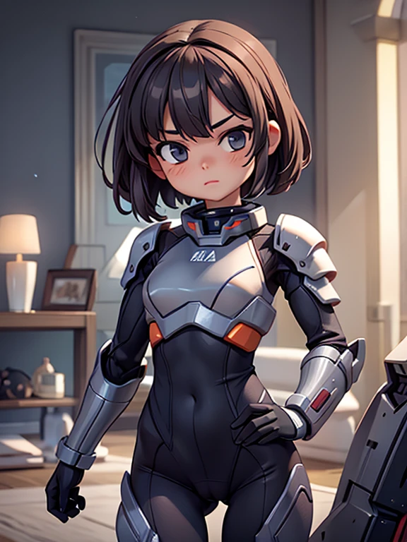 masterpiece, best quality, ultra realistic, hyper-detailed, 8k resolution, RAW photo, sharp focus, (1girl), solo, gorgeous face, slim body, Firm chest, teen female, , portrait, mecha, dark grey armor, nanosuit, sexy, short hair, cinematic, butt, Buttocks, cameltoe, cute bum, cinematic light, dark theme