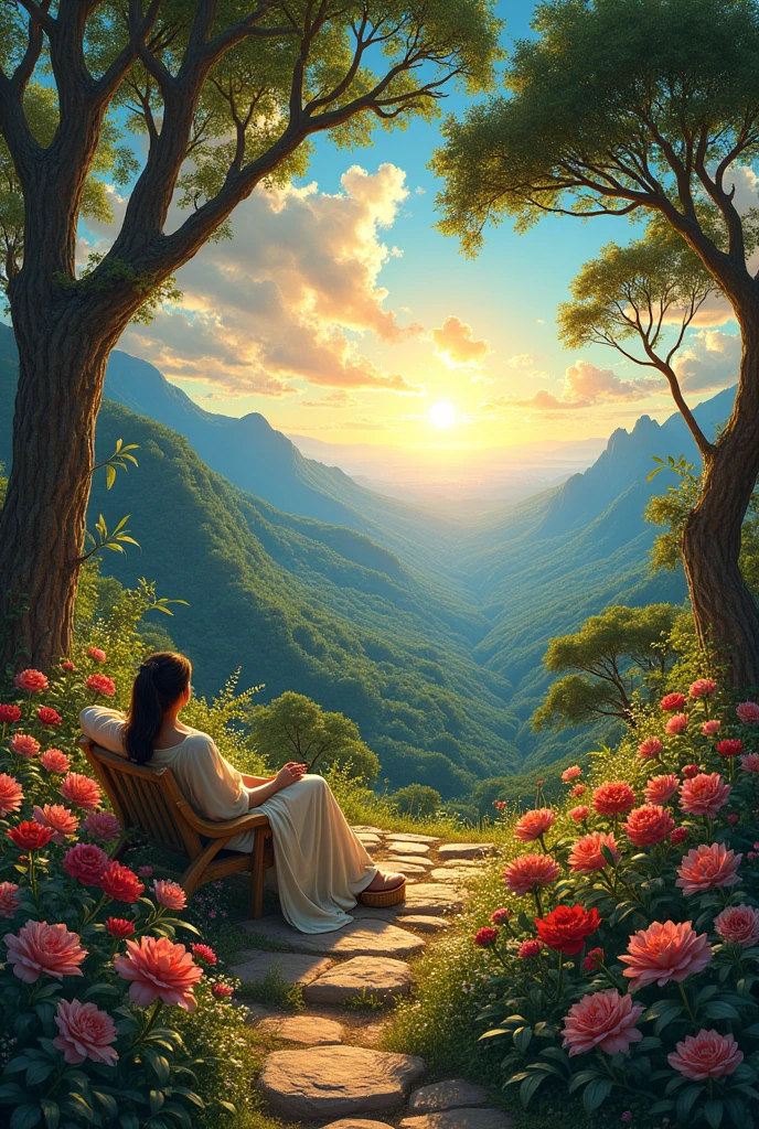 (photorealism:1.2), beautiful nature, trees and flowers with sunrise, the best paradise in the world, beautiful flowers and colorful trees, the light is brighter, outdoors, soft lighting, trees and flowers in background, bluesky with sunlight, cozy paradise, relaxed pose, realistic, intricate details, warm colors, by Greg Rutkowski, by Alphonse Mucha