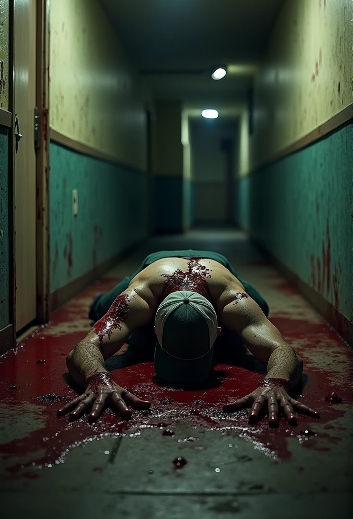 a bloody and gory dead man wearing a backwards baseball cap laying on the ground ripped to shreds in a hallway, nightmare