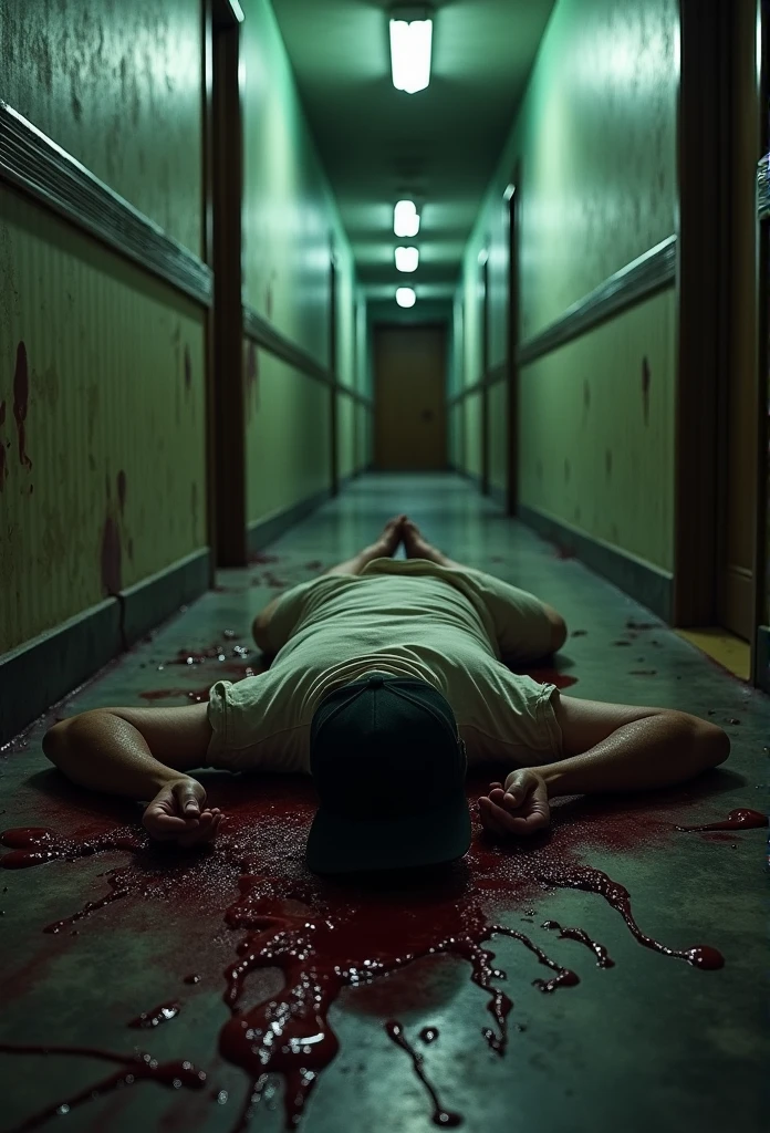 a bloody and gory dead man wearing a backwards baseball cap laying on the ground ripped to shreds in a hallway, nightmare
