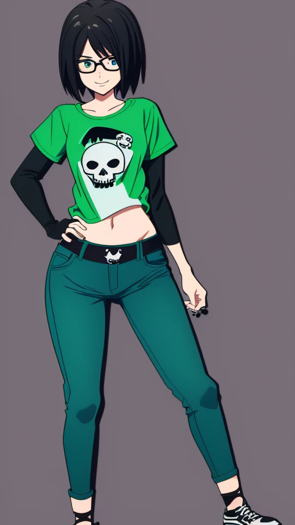 cartoon girl with a skull on her shirt and green pants, tall female emo art student, evil standing smiling pose, kawaii shirt and jeans, wearing pants and a t-shirt, skulls at her hips, full_body!!, nerdy black girl super hero, dressed in crustpunk clothing, !!full body portrait!!, clothing concept, digitally colored