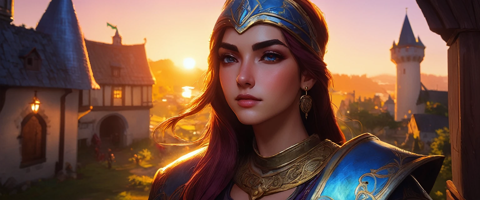 Close up de um por do sol,MEDIEVAL STYLE,high fantasy RPG style, League of Legends-inspired art style, dynamic poses, detailed facial features, cinematic lighting, vibrant colors, dramatic atmosphere, gritty realism, masterpiece, best quality, ultra-detailed, VALORANT