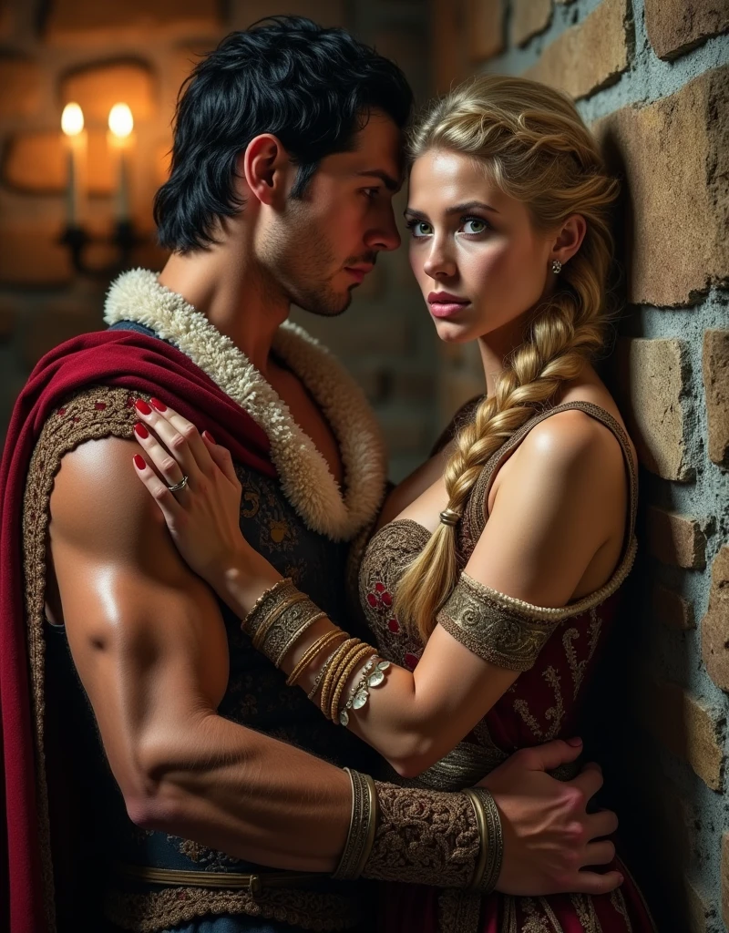 (photorealism:1.2), a man and a woman, man with black hair and amber eyes, woman with braided blonde hair and green eyes, perfect face, beautiful face, beautiful woman, voluptuous woman, muscular man, fair skin, head to toe, fully clothed, dominating man, hate each other, man pins woman, medieval