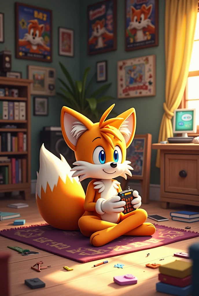 Tails sitting on the floor with his legs crossed 