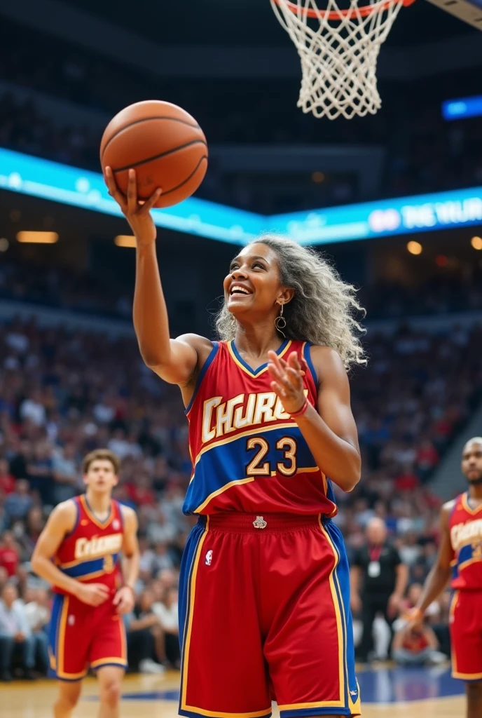 A beautiful youthful looking
American version of Ariana Grande as a 50 years old woman with very long hair completely gray hair in a long big curls styles as a retired
NBA player wearing her old NBA jersey shooting the ball in the basket in a nba stadium she is smiling for the camera in the background are younger male basketball player in their 20s
