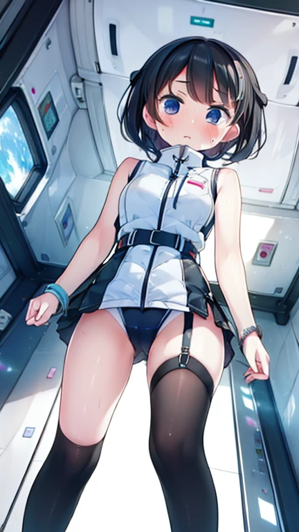 (Highest quality), (masterpiece), 1080P, High resolution, 4K, 8k, Inside the space station、Futuristic room、Thigh straps, Shooting from directly below, The woman on top of me, 白いSweat, Covered , Sweat, Woman looking down, Skirt swimsuit, Thigh-high socks, To achieve this, , , whole body, Black leather shoes, Braided hair, Inner Color, Embarrassed face, Short black hair, bracelet, Bedroom,celestial body_Vest
