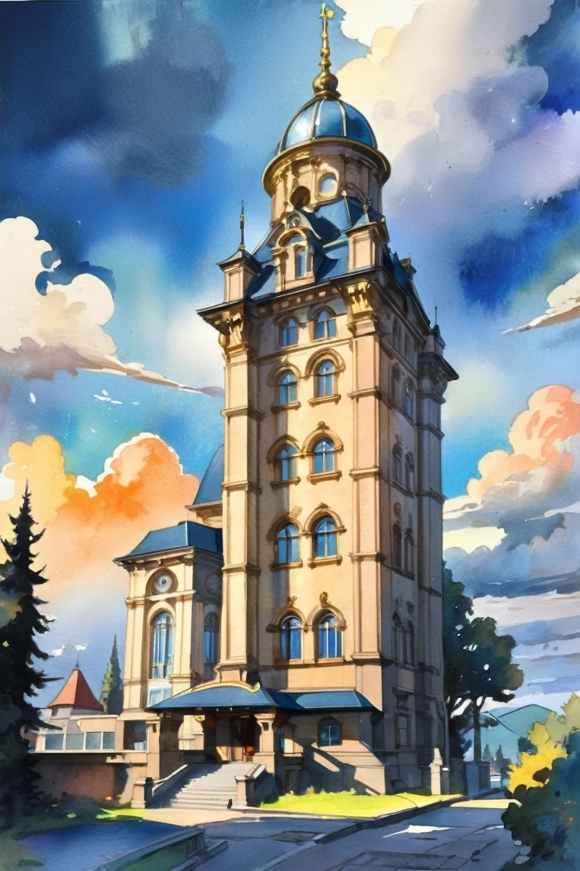 anime style watercolor, golden hour, blue sky, clouds, architecture, "at the Shadowy Supernatural Observatory"