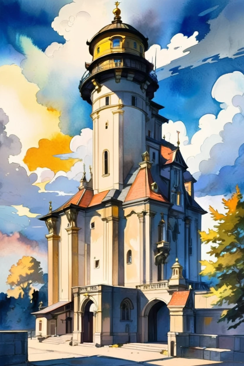anime style watercolor, golden hour, blue sky, clouds, architecture, "at the Shadowy Supernatural Observatory"