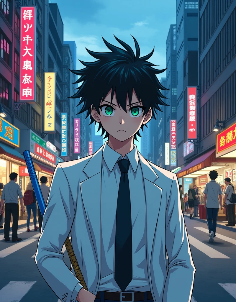 1 boy, ager, short messy black hair, bright green eyes, stylish Japanese school outfit in white, looking at the camera, illustration from the anime Kimetsu no Yaiba, holding a blue sword, city background
