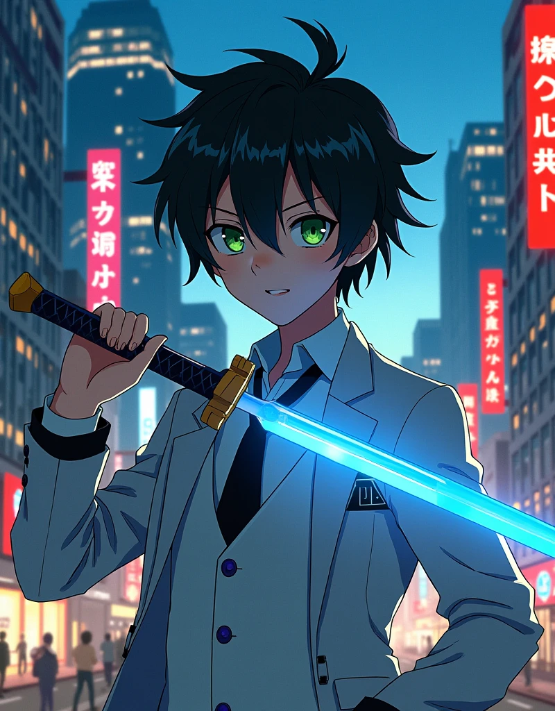 1 boy, teenager, short messy black hair, bright green eyes, stylish Japanese school outfit in white, looking at the camera, illustration from the anime Kimetsu no Yaiba, holding a blue sword, city background