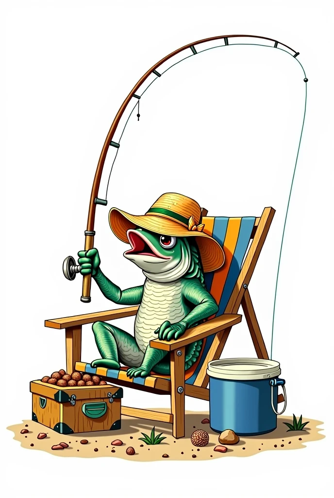 drawn style, a fishing trout, with hat and fishing rod, sitting in a beach chair. on a white background
