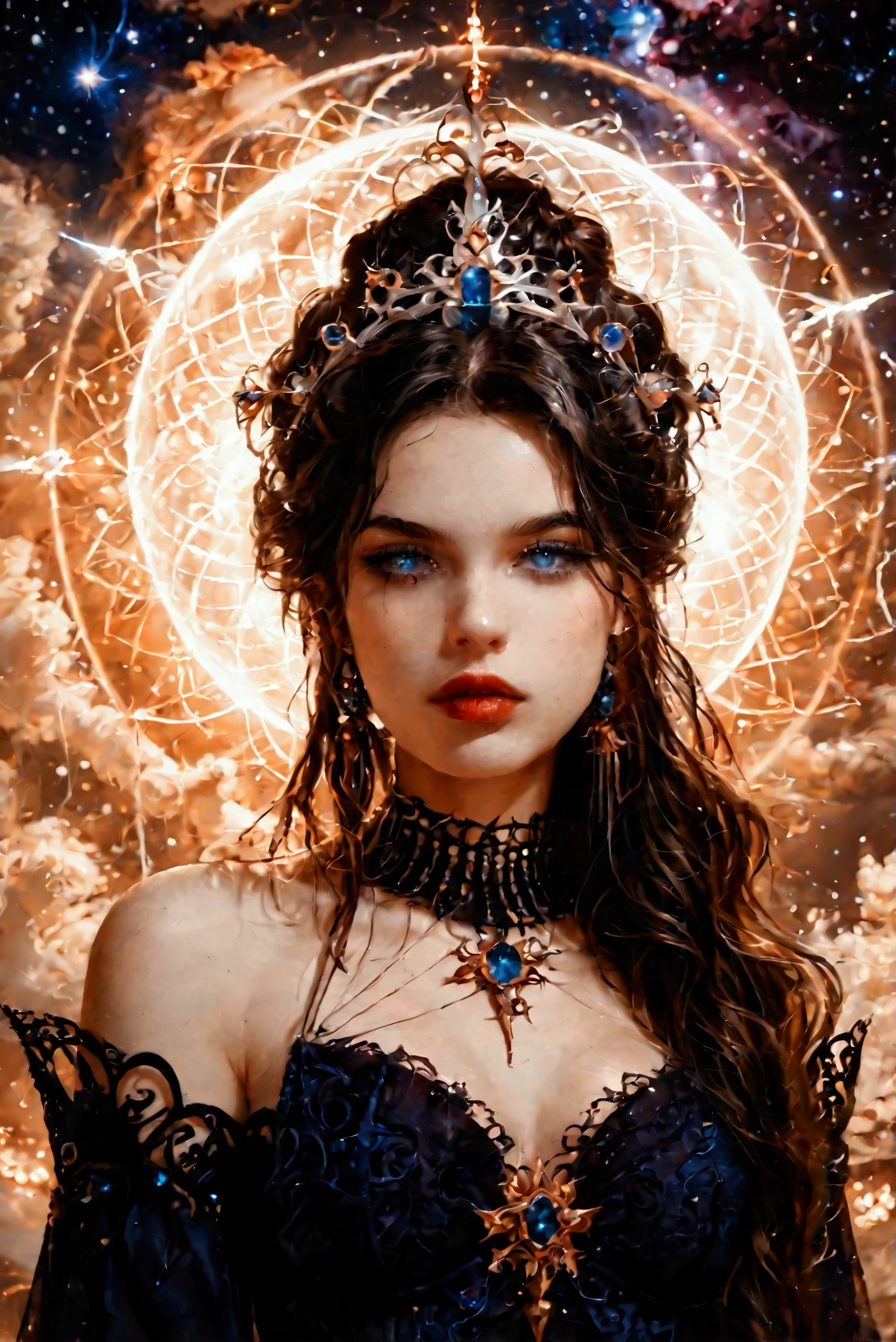 (in Don Bluth style:1.4), (masterpiece:1.2), (A female celestial enchantress with hair that cascades like a waterfall of stars and a dress that shimmers with constellations, attire inspired by the cosmos and the night sky, rendered in a mystical ethereal style with swirling celestial patterns, wearing unique Avant-garde masterpiece attire and headdress:1.1), (lit by the harsh flickering light of a distant lightning storm, set against the backdrop of a derelict space station floating in the void of space:1.1), (upper body portrait from the Waist:1.1), (hyperdetailed:1.1), (intricate details:1.0), (Refined details:1.1), (best quality:1.1), (very stylish detailed modern haircut, mesmerizing detailed radiant face, mesmerizing detailed beautiful eyes:1.2)