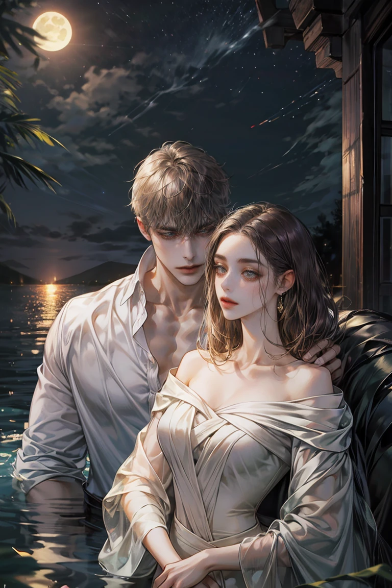 8k, complex, elegant, Very detailed, majestic, digital photography, surreal painting, victorian mansion, pastraight, detailed background, clear sky, night lake, (masterpiece, side light, fine and beautiful eyes: 1.2), HdR, (ojos verde brights)), wet white shirt, ( bright), musculature, White skin, , in front of the camera, masterpiece, different hair colors, BLACK HAIRED MAN black hair. WOMAN WITH LONG DARK PURPLE PLUM HAIR FALLING DOWN HER SHOULDERS. noticeable difference in height, thin girl, robust muscular boy, wide shoulders, muscles, mature manly face, half body,Super detailed digital illustration, Imágenes beautifuls, clear image, raw photo, perfect face, perfect lines. 1 Woman with long dark purple plum hair, straight, beautiful, Solid makeup, 23 years old, big breasts, with light brown eyes. 1 Handsome shirtless man, wet skin, with golden eyes (black hair, muscular, robust, Firm shoulder width, adult male, youthful hairstyle, British. body in the water, night lake, dark sky, in water up to the hip, poor light, Moonlight. couple.
