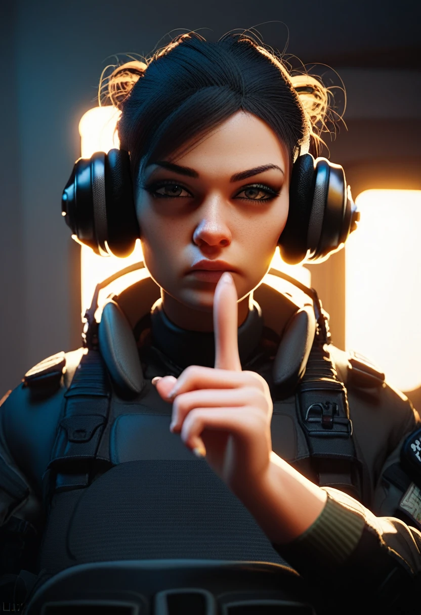 rating_9, pov holding the viewer by the throat, low-angle, female Special Ops in black tactical tight stealth suit, headphones, shushing gesture pointing finger, serious expression, messy bun with dark hair, low-key lighting, stealth, dark dimly-lit millitary base