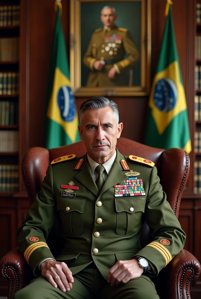 A realistic and detailed portrait of a Colonel of Roman descent in the Brazilian army, around 40 years old with the face of an aggressive person. He has a very muscular body, athletic and tall, with military black and gray hair on the sides, and a thin scar on his face like a mark of bravery, He has a smooth mustache. He is wearing a high-ranking olive green uniform of the Brazilian Army officer, adorned with medals and decorations. The background features a Brazilian Army office, with books and flags of Brazil and the Integralist Blue flag, The wall also has a photo of 2 Brazilian dictators and a realistic coat of arms., which contributes to the atmosphere of authority and respect. The Colonel is sitting in a comfortable armchair., Breathing wisdom and strength, and appears as a respected and esteemed leader