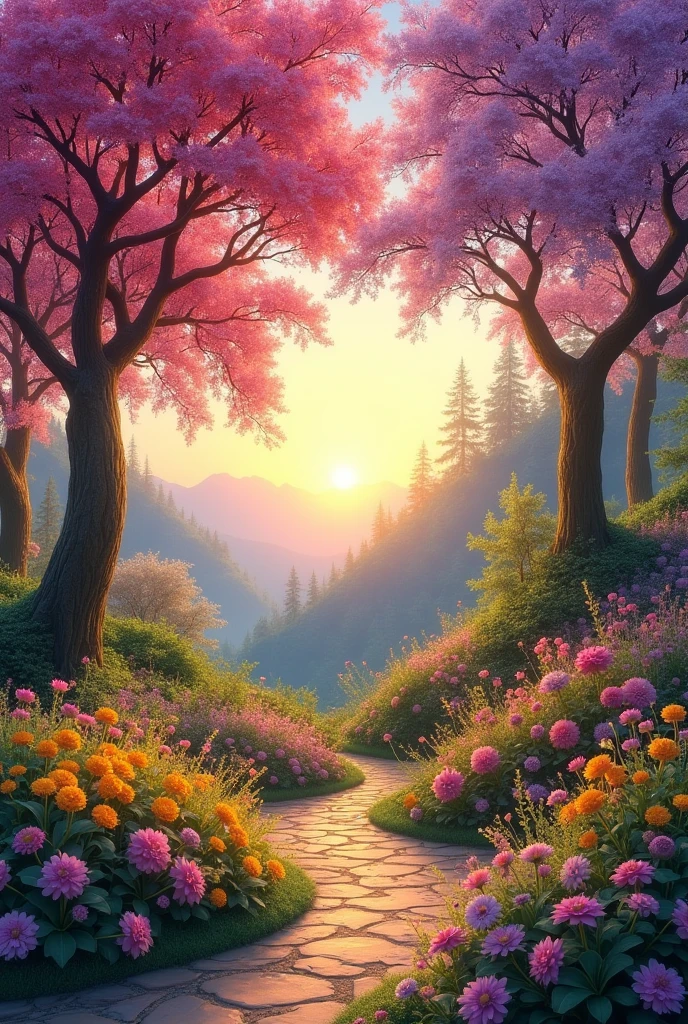 (photorealism:1.2), no human around, beautiful nature, trees and flowers with sunrise, the best paradise in the world, beautiful flowers and colorful trees, the light is brighter, outdoors, real flowers, real colorful trees, soft lighting, trees and flowers in background, bluesky with sunlight, cozy paradise, relaxed pose, realistic, intricate details, warm colors, by Greg Rutkowski, by Alphonse Mucha
