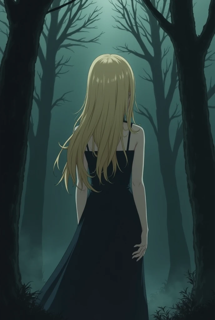 Realizing the grave danger, Celeste decides to sacrifice herself to save the world, erasing her existence from everyone's memory. make her young short and anime art style and hide here face with her hair and her hair color should be blond and the background should be just tree and not flowers and make the theme dark and tense make her simple and use anime art style and hide here face only show her back and not front and her face and this time show her crying gently with a poker face
.