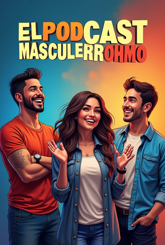 Create a cover that says Elpodcastmasculerohmo with 3 people, one on the left, one white in the middle and another white on the right. 