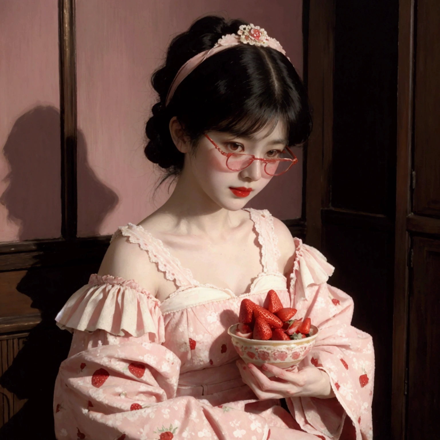 Pale pink An antique dress with a red strawberry pattern Red glasses Black hair straight Hime cut