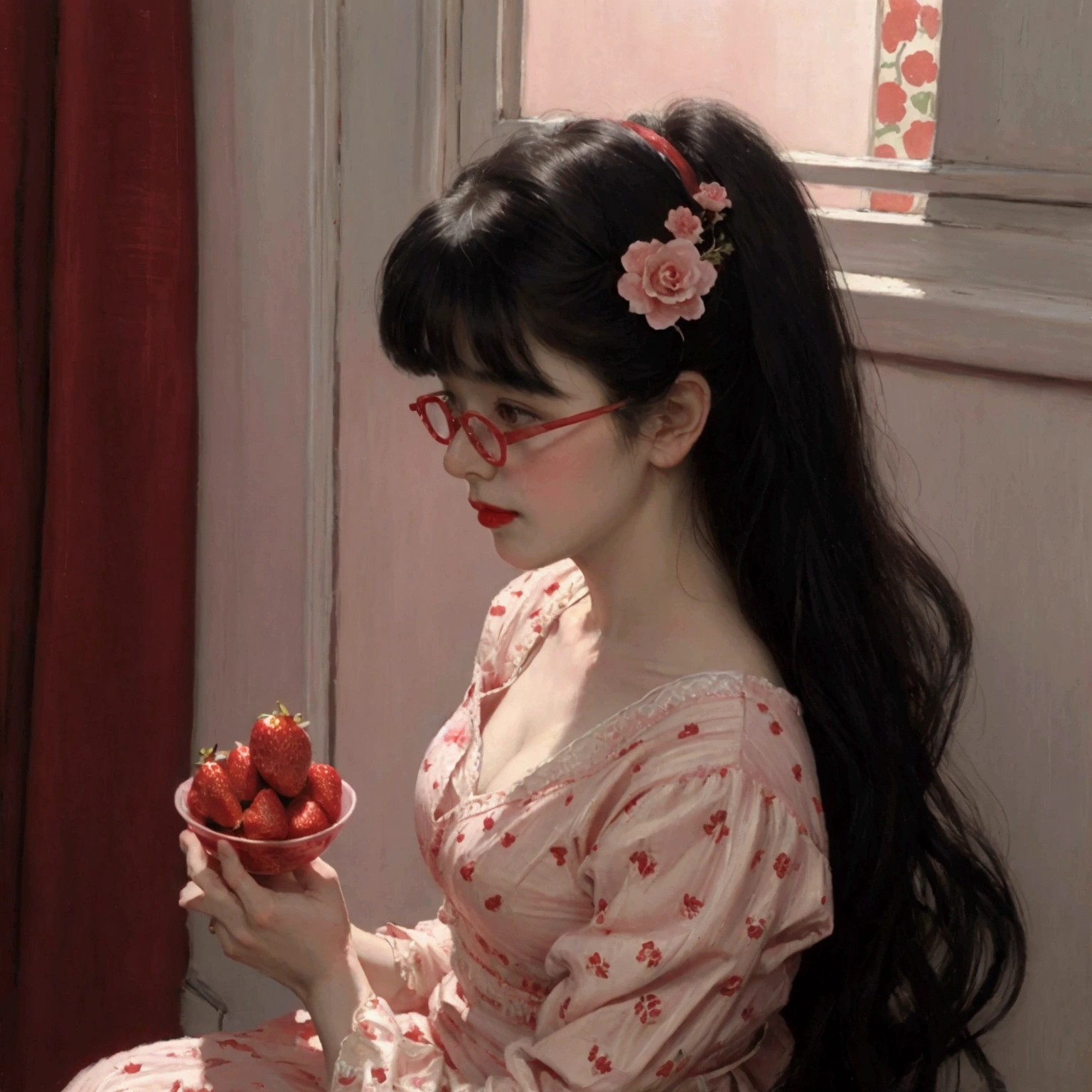 Pale pink　An antique dress with a red strawberry pattern　Red glasses　Black hair straight　Hime cut