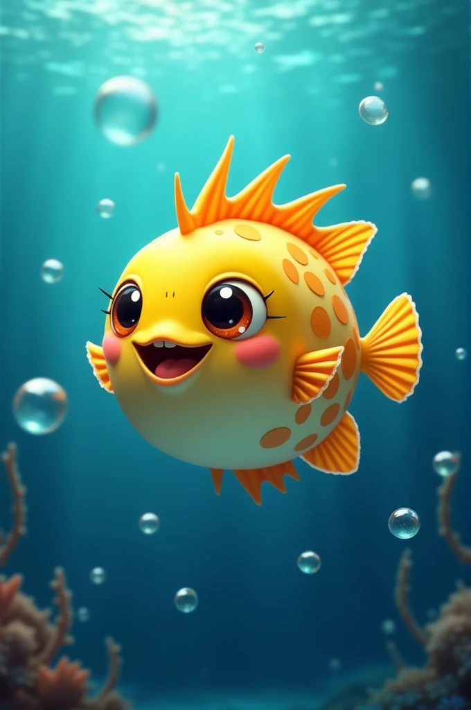 Animated puffer fish full body and blue background