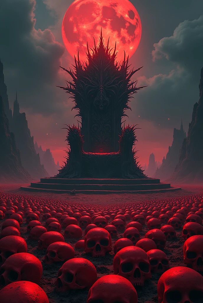 A very big land with thousands of red skull on it and a throne made of thorns standing on that land, scary in landscape format anime style