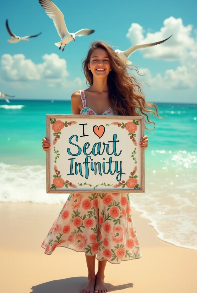 Beautiful girl with wavy long hair, bohemian dress, holding a white board with text "I Love Seaart Infinity" and showing it to the viewer