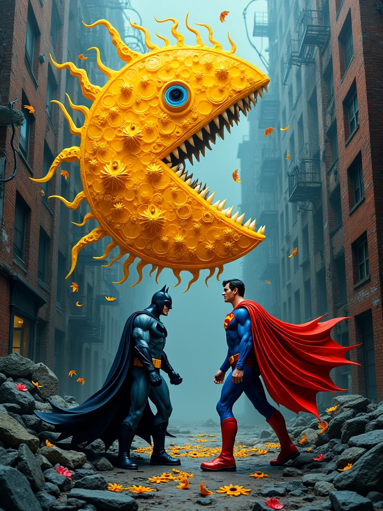 Batman and Superman fighting a giant Pacman that floats through the air eating the city, depicted in paper quilling art style with neo-impressionism influence, highly detailed, with darker tones, in dark fantasy art aesthetics